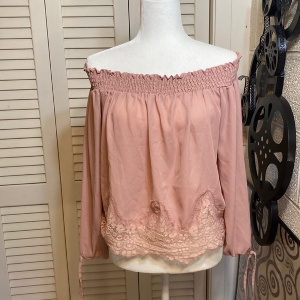 MOA MOA S Boho pale pink off the shoulder blouse with lace trip and tie wrists